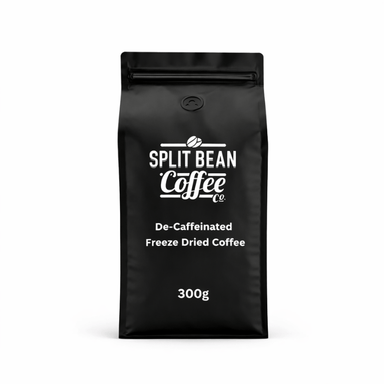 Black decaffeinated freeze dried coffee bag with 'Split Bean Coffee Co' branding on a white background