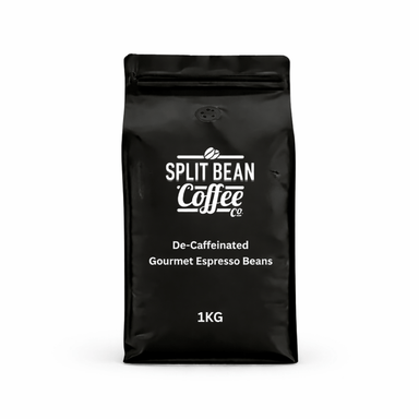 Black bag of Split Bean Coffee Co. decaffeinated gourmet espresso beans on a white background