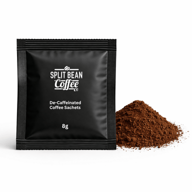 Split Bean Coffee decaffeinated coffee sachet with ground decaf coffee on a white background