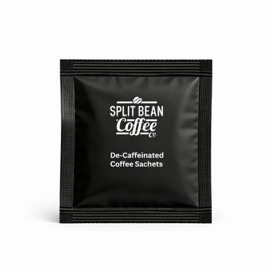 Black sachet of split bean coffee decaffeinated coffee