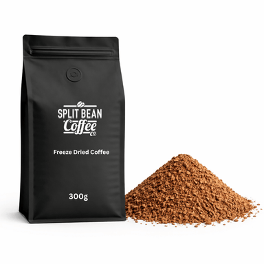 Black coffee packaging with 'Split Bean Coffee' branding and freeze-dried coffee powder on a white background