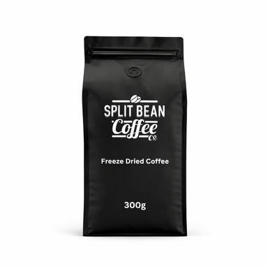 Black freeze-dried coffee packaging with 'Split Bean Coffee' branding on a white background