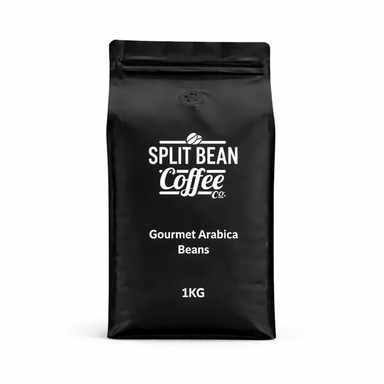 Black bag of Split Bean Coffee Co. Gourmet Arabica Beans on a white background