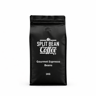 Black bag of Split Bean Coffee Co. Gourmet Espresso Beans on a white background