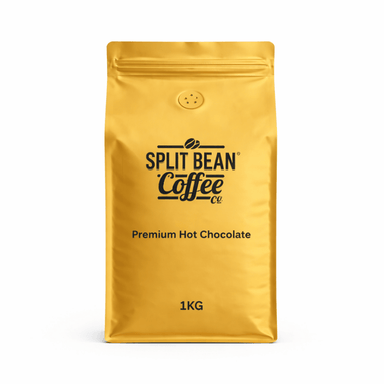 Gold package of Split Bean Coffee Co. Premium Hot Chocolate on a white background