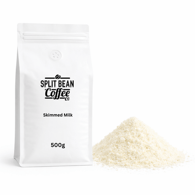 White bag of Split Bean Coffee Co. skimmed milk with a small pile of skimmed milk powder on a white background