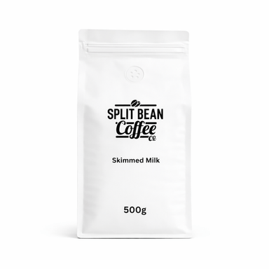White package of Split Bean Coffee Co. Skimmed Milk with black text on a white background