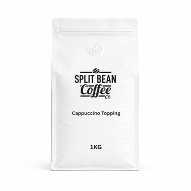 White packaging of Split Bean Coffee Co. Cappuccino Topping on a white background