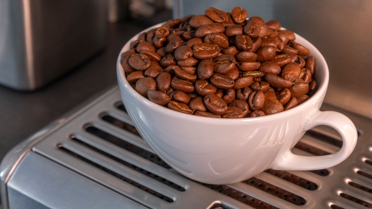 A commercial bean to cup coffee machine pouring a fresh coffee