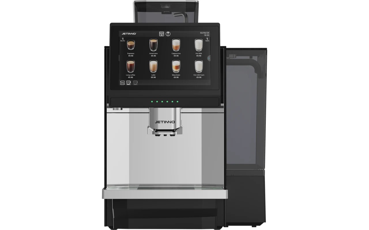 A commercial bean to cup coffee machine with a fresh milk fridge alongside it