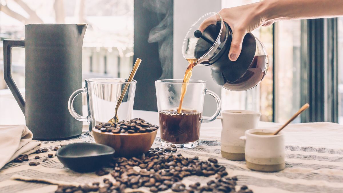 A freshly poured cup of black coffee made from freeze dried coffee