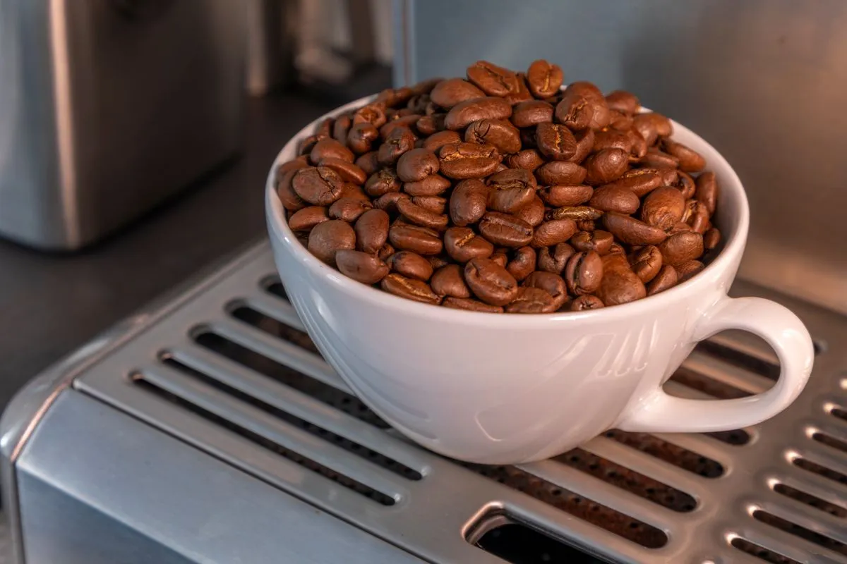 Bean to cup coffee machine pouring a fresh cup of coffee
