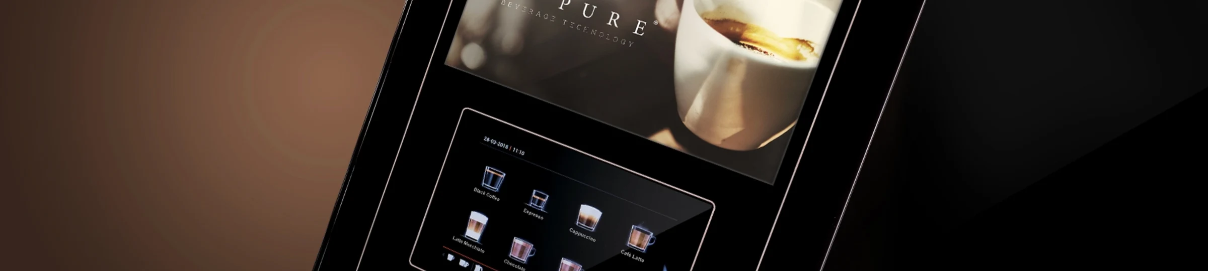 Close-up of a commercial instant coffee machine touchscreen displaying the drink selection menu and a freshly poured cappuccino