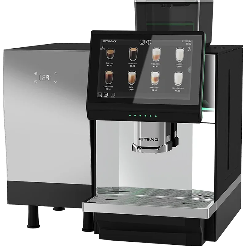 Jetinno JL36 bean to cup coffee machine three quarter angled view with attached fresh milk fridge and 10.1 inch touchscreen drinks menu
